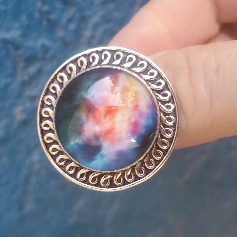 New Nebula Galaxy Celestia Art Glass Abstract, Hypnotic 925 Silver Ring.